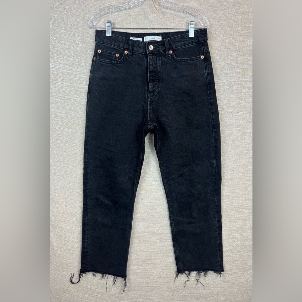Mango MNG Havana Button Fly Stretch Black Raw Hem Denim Jeans Size 6 / 29w